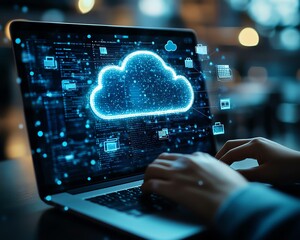 Fototapete - Closeup of a person working on a laptop with cloud storage icons and file wraps surrounding the screen, symbolizing cloud access for businesses across devices, Generative AI