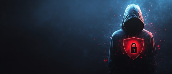 Poster - Cyber security concept featuring a man in a black hoodie with a red shield and padlock icon