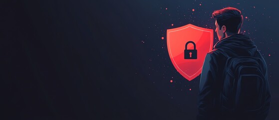 Aufkleber - Cyber security concept featuring a man in a black hoodie with a red shield and padlock icon
