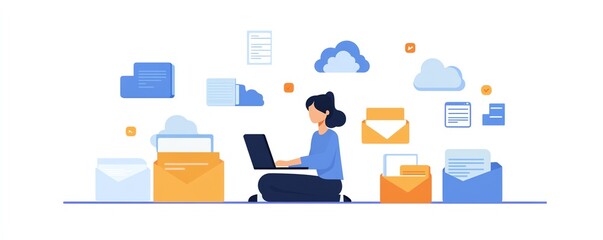 Fototapete - Digital concept of a person using a laptop with cloud storage icons and floating file wraps, representing seamless data access across devices for businesses, Generative AI