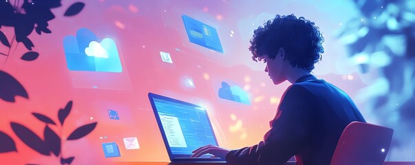 Fototapete - Digital concept of a person using a laptop with cloud storage icons and floating file wraps, representing seamless data access across devices for businesses, Generative AI