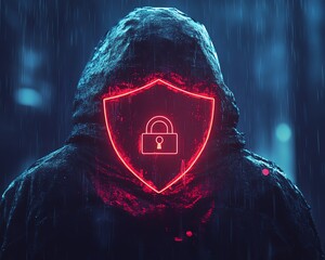 Fototapete - Digital security concept featuring a man in a black hoodie with a red shield and padlock icon on a dark blue background, symbolizing protection from cyber threats, Generative AI