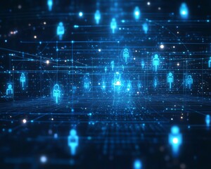 Poster - Futuristic blue background featuring abstract digital network with glowing people icons, symbolizing global social media connections and digital communication, Generative AI