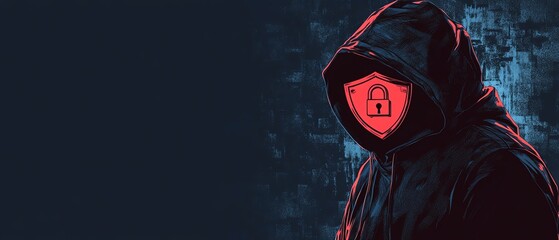 Fototapete - Illustration of a man in a black hoodie, with a red shield and padlock icon, set against a dark blue background, symbolizing cyber security in the digital world, Generative AI