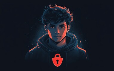 Leinwandbilder - A black hoodiewearing man with a red shield and padlock icon on a dark blue background, representing the concept of securing data and systems in the digital age, Generative AI