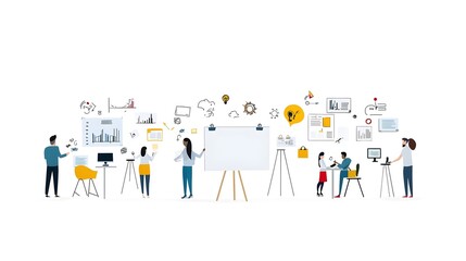 Poster - Successful business leaders and managers collaborating on planning and organizing projects and strategies in a modern corporate office setting  Teamwork decision making and growth oriented workflow