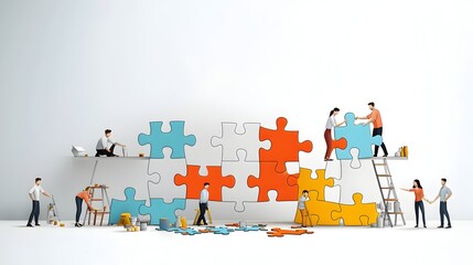 Poster - Diverse Workforce Collaborating to Accomplish Shared Goals through Teamwork and Puzzle Building  Men and women working together to solve challenges build connections and achieve success