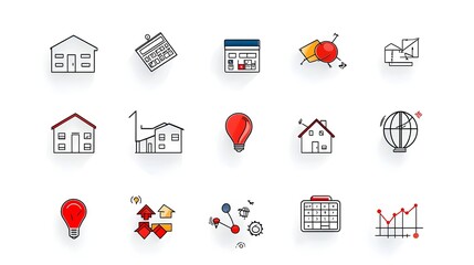 Aufkleber - Minimalist icons showcasing a home loan calculator and property investment symbols on a white background representing financial tools planning and real estate management solutions