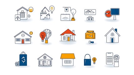 Poster - Comprehensive set of outline icons showcasing various real estate concepts such as mortgage home loan property financing and residentialcommercial development on a clean white background
