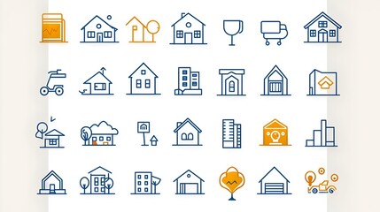 Poster - Comprehensive web icon set designed for real estate industry covering various aspects of property purchase sale and investment  The features a minimalist and modern style suitable for infographics
