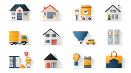 Aufkleber - Comprehensive line web icon set depicting various elements and concepts related to real estate industry transactions property purchases sales and management services