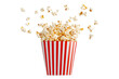 © Prasanth - Popcorn flying out of red white striped paper box isolated on white, transparent background, PNG, with copy space. Splash, levitation of popcorn grains.