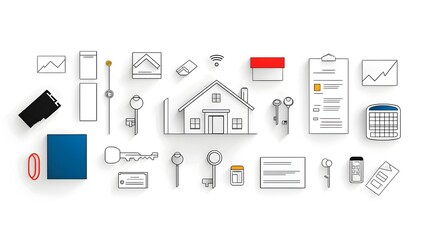 Aufkleber - Simple and Minimalist Icons Representing Various Real Estate Concepts and Services Such as House Keys Contracts Mortgage and More in a Clean Line Art Style