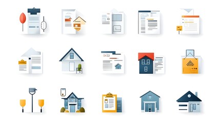 Poster - Minimalist real estate icon set for web and digital applications including mortgage approval forms property documents and other relevant symbols for the housing finance and construction industry