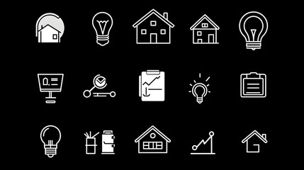 Poster - Minimalist icons representing various elements of the real estate and mortgage application process such as a house building property loan finance and more in a simple and abstract geometric style