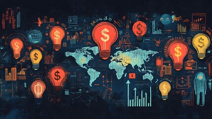 A cartoon-style drawing of various financial symbol, Business idea light bulb icons