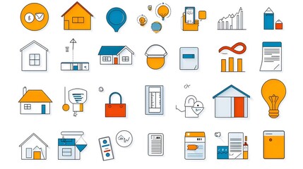 Poster - Collection of outline icons representing key elements of property appraisal home financing and mortgage rates for real estate and financial services  Includes icons for mortgage loan insurance