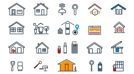Poster - Set of real estate outline icons and symbols for open house property inspection residential and commercial building features  for realty construction and home design