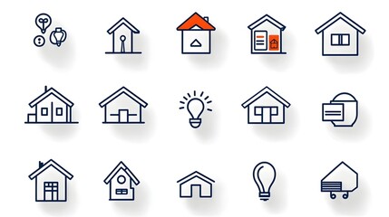 Poster - Comprehensive real estate icon set featuring a collection of outline symbols representing concepts like open house property inspection mortgage rental and more  Useful for business investment