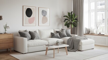 Canvas Print - Modern Scandinavian Living Room with Cozy Minimalist Decor, Soft Pastel Accents, and Inviting Natural Light