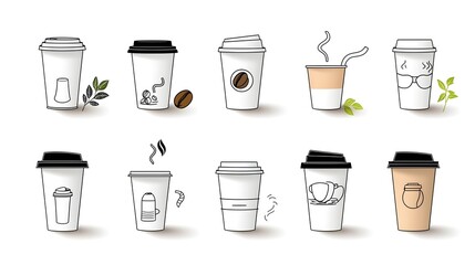 Leinwandbilder - Collection of Disposable Coffee Cup Line Icons with Various Lid Styles in Format  Includes Diverse Options for Takeaway Cafe and Fast Food Beverage Containers