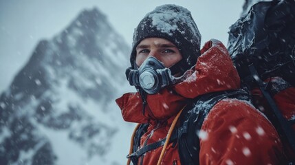 young male tourist climber hiker in an oxygen mask is going to make an ascent to the top of the moun