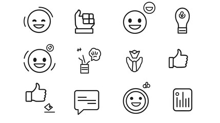 Aufkleber - of customer satisfaction icons depicted in line style featuring a happy face thumbs up symbol and testimonial graphic elements representing positive feedback approval and service