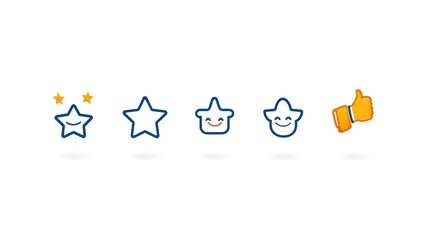 Aufkleber - Set of linear minimalist feedback icons featuring rating stars thumbs up and happy customer face symbols on a clean white background  These simple vector graphic elements can be used for interfaces
