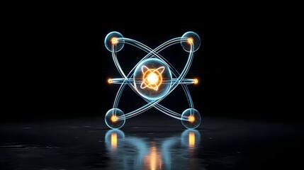 Poster - Visually striking 3D of a creative atomic structure with neon colored electron paths and a radiant luminous core  The dynamic futuristic design captures the energy and essence of subatomic particles