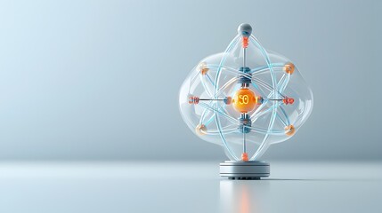 Poster - Detailed 3D of an atom model with semi transparent layers that showcase the inner subatomic particles and the vibrant dynamic electron paths surrounding the nucleus