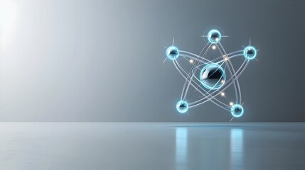 Poster - A visually captivating futuristic 3D showcasing the intricate structure of an atom with a glowing nucleus and clearly defined electron orbits