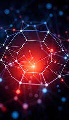 Poster - glowing red digital network sphere with blue nodes on dark background futuristic technology vertical format