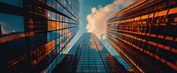 Poster - Low angle view of tall glass buildings with a cloudy sky.