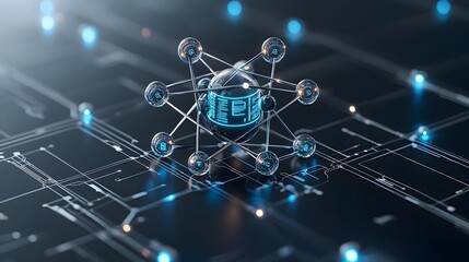 Fototapete - A stylish and modern atom concept design featuring data nodes and connecting lines blending atomic science with network technology in an abstract and futuristic