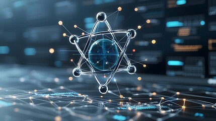 Fototapete - Stylish and modern 3D of an atom concept blending the visual elements of atomic structure and network technology with interconnected data nodes and lines