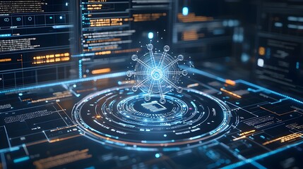 Poster - A high tech atomic model surrounded by swirling binary code and virtual data symbolizing the rapid advancements and breakthroughs in modern scientific research and innovation