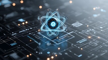 Aufkleber - Detailed of a futuristic atom with glowing lines and network nodes symbolizing the advancements and breakthroughs in the field of quantum physics and subatomic particle research