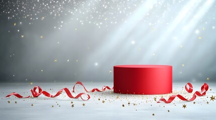 Fototapete - Captivating red background adorned with shimmering gold stars and gracefully flowing ribbons illuminated by dramatic light beams for a spectacular luxury event