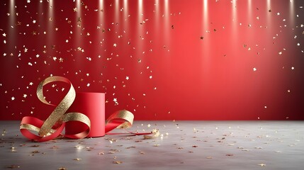 Fototapete - Dramatic and captivating background with a grand red color scheme accented by sparkling gold stars and elegantly flowing ribbons