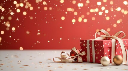 Poster - A sophisticated red background with glowing gold stars gentle bokeh effects and stylish ribbon accents