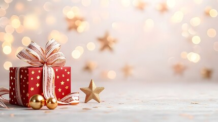 Poster - Elegant red background with glowing gold stars gentle bokeh effects and stylish ribbon accents perfect for creating a sophisticated and luxurious setting for award other high end events