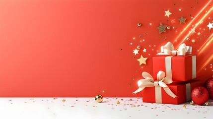 Poster - Elegant Red and Gold Award Ceremony Design with Glimmering Light Beams and Tasteful Ribbon Accents for an Upscale Sophisticated of Achievement and Success