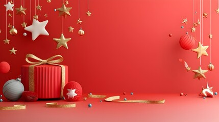 Poster - A lavish red background with cascading gold stars soft focus bokeh and intricate ribbon designs perfectly suited for high end events and