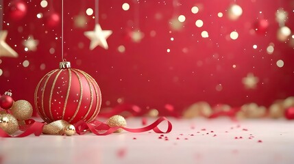 Poster - Captivating and Elegant Festive Red and Gold Background with Shimmering Moving Stars Soft Bokeh and Flowing Ribbon Decor Capturing the Essence of a Grand or Event