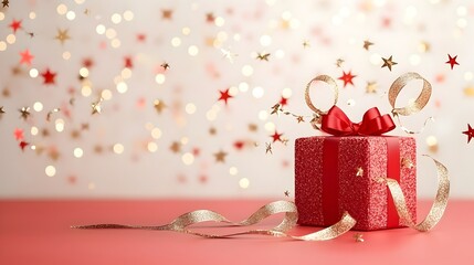 Poster - Luxurious red event backdrop featuring shimmering gold stars smooth light rays and intricate ribbon accents