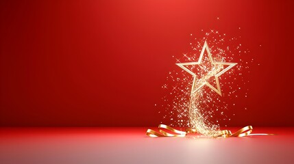 Poster - Radiant gold lines form a glowing star that illuminates the vibrant red stage creating an elegant and prestigious backdrop for an exclusive award ceremony