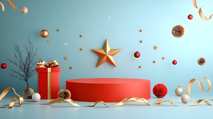 Fototapete - Festive background featuring a shimmering red stage and radiant golden star surrounded by luxurious gold ribbon accents for an elegant and opulent or event