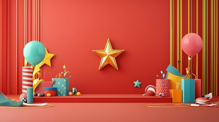Aufkleber - Luxurious red stage adorned with a vibrant golden star and decorative ribbons creating a radiant and elegant ambiance perfect for an award ceremony or high profile event
