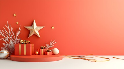 Aufkleber - Stunning red stage with a bright star and golden ribbons creating a radiant and glamorous background for ceremonies and high end events