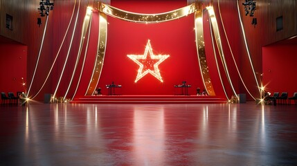 Fototapete - A grand and elegant event is framed by a radiant star set against a luxurious red stage with golden ribbons and lines of illuminating lights creating a dazzling opulent and celebratory atmosphere